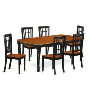 This kitchen table set has 6 chairs with wood seats. It is completed with a leveled table top. The dining table can fit a maximum of 8 people in a dining area. The dining set boasts a two-toned Black & Cherry color that comes across as an effective additional color to your dining space given its attractive color on the seats. The table's 4 straight leg support brings a simple and breezy style to any space