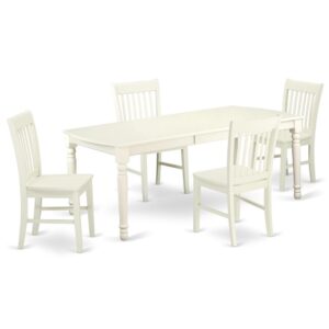 This kitchen table set has 4 chairs with solid wood seats. It is completed with a leveled table top. The dining table can fit a maximum of 8 people in a dining area. The dining set boasts a Linen White color that comes across as an effective additional color to your dining space given its attractive color on the seats. The table's 4 straight leg support brings a simple and breezy style to any space