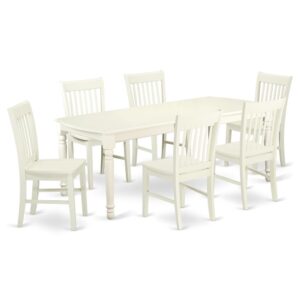 This kitchen table set has 6 chairs with wood seats. It is completed with a leveled table top. The dining table can fit a maximum of 8 people in a dining area. The dining set boasts a Linen White color that comes across as an effective additional color to your dining space given its attractive color on the seats. The table's 4 straight leg support brings a simple and breezy style to any space