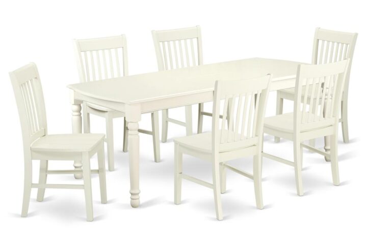 This kitchen table set has 6 chairs with wood seats. It is completed with a leveled table top. The dining table can fit a maximum of 8 people in a dining area. The dining set boasts a Linen White color that comes across as an effective additional color to your dining space given its attractive color on the seats. The table's 4 straight leg support brings a simple and breezy style to any space