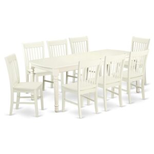 This kitchen table set has 8 chairs with wood seats. It is completed with a leveled table top. The dining table can fit a maximum of 8 people in a dining area. The dining set boasts a Linen White color that comes across as an effective additional color to your dining space given its attractive color on the seats. The table's 4 straight leg support brings a simple and breezy style to any space
