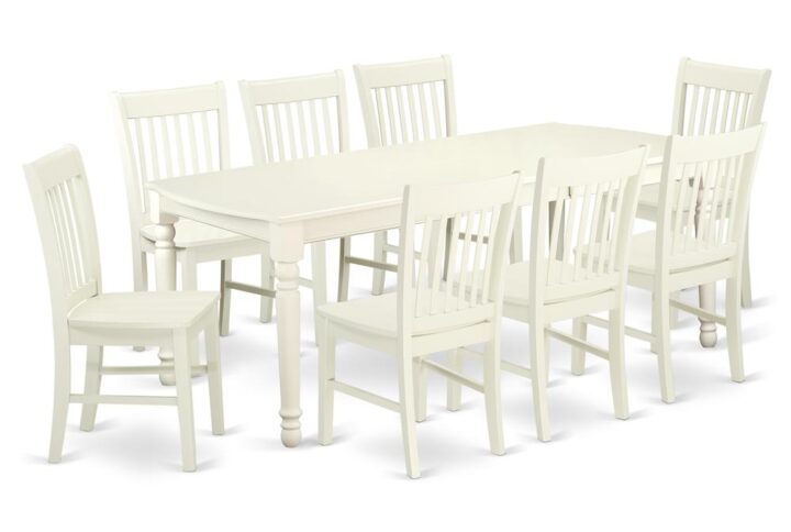 This kitchen table set has 8 chairs with wood seats. It is completed with a leveled table top. The dining table can fit a maximum of 8 people in a dining area. The dining set boasts a Linen White color that comes across as an effective additional color to your dining space given its attractive color on the seats. The table's 4 straight leg support brings a simple and breezy style to any space