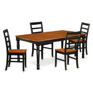 A truly spectacular table set that has 4 chairs with solid wood seats. It is completed with a leveled table top. The dining table can fit a maximum of 8 people in a dining area. The dining set boasts a two-toned Black & Cherry color that comes across as an effective additional color to your dining space given its attractive color on the seats. The table's 4 straight leg support brings a simple and breezy style to any space