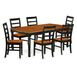 A truly spectacular table set that has 6 chairs with wood seats. It is completed with a leveled table top. The dining table can fit a maximum of 8 people in a dining area. The dining set boasts a two-toned Black & Cherry color that comes across as an effective additional color to your dining space given its attractive color on the seats. The table's 4 straight leg support brings a simple and breezy style to any space