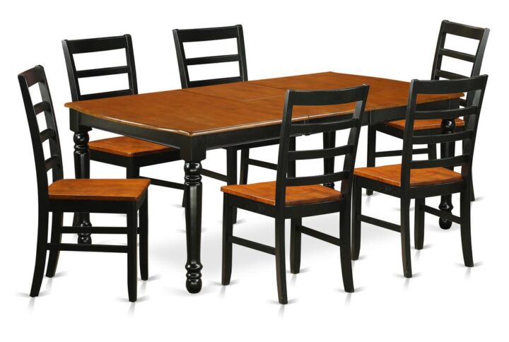 A truly spectacular table set that has 6 chairs with wood seats. It is completed with a leveled table top. The dining table can fit a maximum of 8 people in a dining area. The dining set boasts a two-toned Black & Cherry color that comes across as an effective additional color to your dining space given its attractive color on the seats. The table's 4 straight leg support brings a simple and breezy style to any space