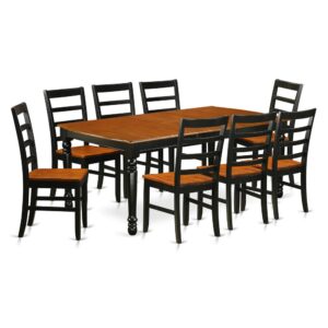 A truly spectacular table set that has 8 chairs with wood seats. It is completed with a leveled table top. The dining table can fit a maximum of 8 people in a dining area. The dining set boasts a two-toned Black & Cherry color that comes across as an effective additional color to your dining space given its attractive color on the seats. The table's 4 straight leg support brings a simple and breezy style to any space