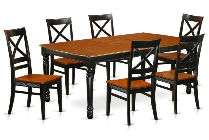 Enjoy your meals like you never thought you could with this kitchen table set has 6 chairs with wood seats. It is completed with a leveled table top. The dining table can fit a maximum of 8 people in a dining area. The dining set boasts a two-toned Black & Cherry color that comes across as an effective additional color to your dining space given its attractive color on the seats. The table's 4 straight leg support brings a simple and breezy style to any space