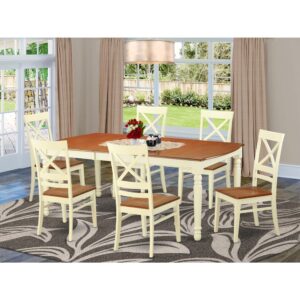 The dining table has six chairs with Wood seats in the set complete with leveled set tops and table top. The dining table can have capacity for a maximum of 8 people in a dining space. The dining table comes across an effective additional color to your dining area given its appealing color on the seats. The back side of the seats has a Buttermilk color