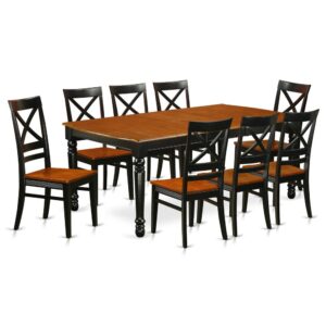 Enjoy your meals like you never thought you could with this kitchen table set has 8 chairs with wood seats. It is completed with a  leveled table top. The dining table can fit a maximum of 8 people in a dining area. The dining set boasts a two-toned Black & Cherry color that comes across as an effective additional color to your dining space given its attractive color on the seats. The table's 4 straight leg support brings a simple and breezy style to any space
