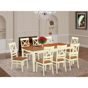 The kitchen table has 8 chairs with wooden seatss. This set complete with leveled set tops and table top. The dining table can allow for a maximum of 8 people in a dining-room. The dining table comes across an effective additional color to your dining space given its eye catching color on the seats. The back side of the seats has a Buttermilk color