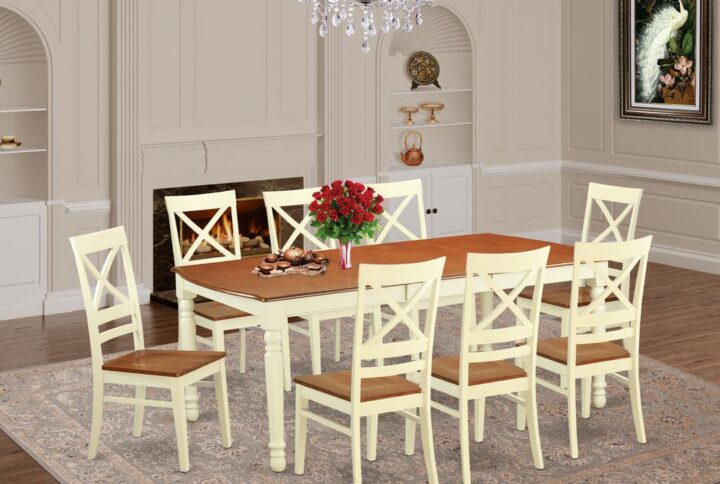 The kitchen table has 8 chairs with wooden seatss. This set complete with leveled set tops and table top. The dining table can allow for a maximum of 8 people in a dining-room. The dining table comes across an effective additional color to your dining space given its eye catching color on the seats. The back side of the seats has a Buttermilk color