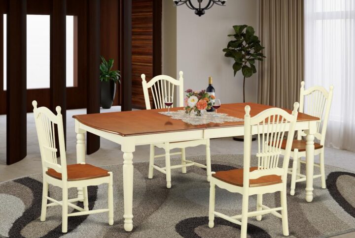 This kitchen table set has 4 chairs with solid wood seat. This complete with leveled table top. The dining table can fit a maximum of 8 people in a dining area. The dining table comes across an effective additional color to your dining space given its attractive color on the seats. The back side of the seats has a Buttermilk color