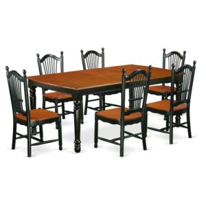 This kitchen table set has 6 chairs with solid wood seats. It is completed with a leveled table top. The dining table can fit a maximum of 8 people in a dining area. The dining set boasts a two-toned Black & Cherry color that comes across as an effective additional color to your dining space given its attractive color on the seats. The table's 4 straight leg support brings a simple and breezy style to any space