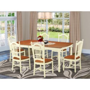 The kitchen set comes with one table and six chairs with wooden seatss. This set complete with leveled table top. The dining table can fit a maximum of 8 people in a dining room. The dining table comes across an effective additional color to your dining space given its attractive color on the seats. The back side of the seats has a Buttermilk color
