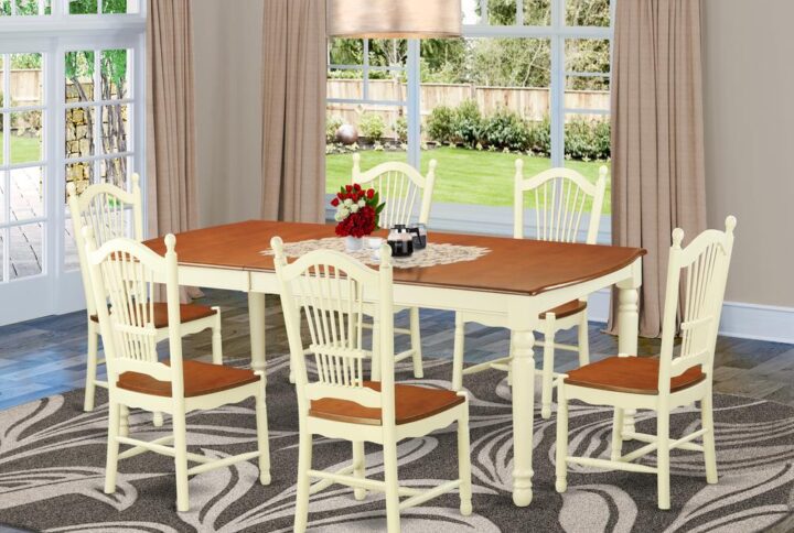 The kitchen set comes with one table and six chairs with wooden seatss. This set complete with leveled table top. The dining table can fit a maximum of 8 people in a dining room. The dining table comes across an effective additional color to your dining space given its attractive color on the seats. The back side of the seats has a Buttermilk color