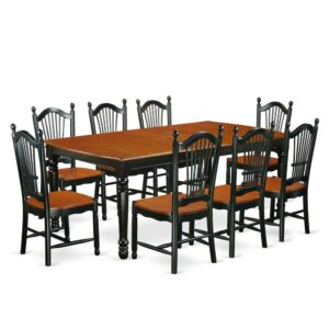 This kitchen table set has 8 chairs with solid wood seats. It is completed with a leveled table top. The dining table can fit a maximum of 8 people in a dining area. The dining set boasts a two-toned Black & Cherry color that comes across as an effective additional color to your dining space given its attractive color on the seats. The table's 4 straight leg support brings a simple and breezy style to any space