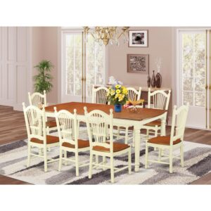 The kitchen dinette set has 8 chairs with wooden seatss and one dining table. This set is complete with leveled table top. The dining table can accommodate a maximum of 8 people in a dining area. The dining table comes across an effective additional color to your dining space given its eye catching color on the seats. The back side of the seats has a Buttermilk color