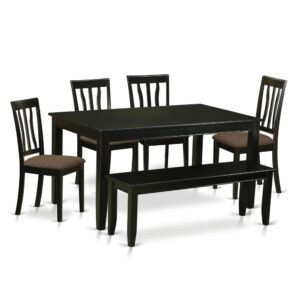 Give your dining-room with this excellent classy Black finish Asian Hardwood 6 Piece table and chairs set. This particular set is made up of four comfy Fabric chairs and a bench