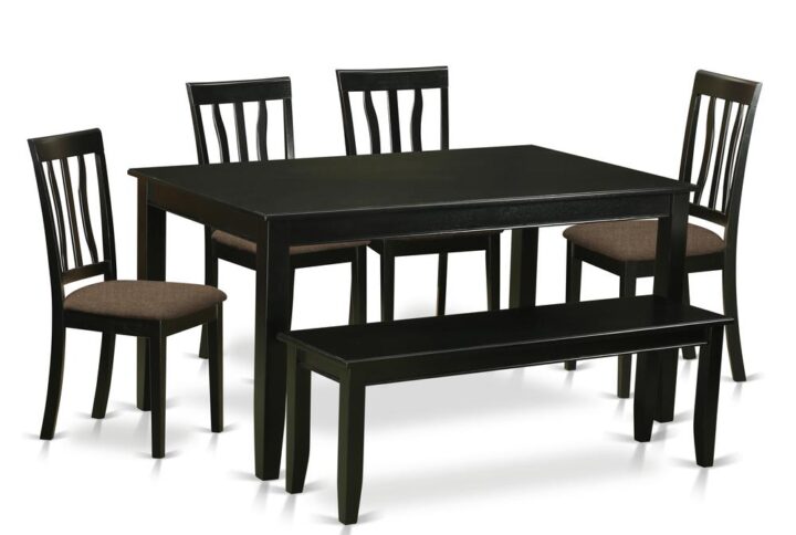 Give your dining-room with this excellent classy Black finish Asian Hardwood 6 Piece table and chairs set. This particular set is made up of four comfy Fabric chairs and a bench