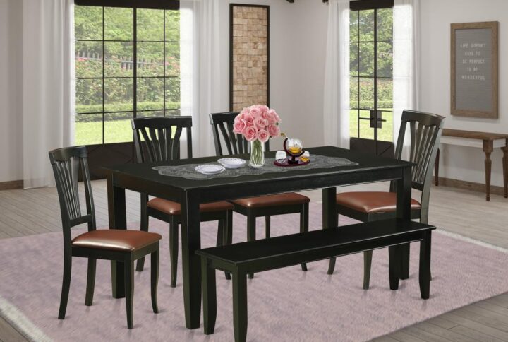 Give your dining-room with this excellent classy Black finish Asian Hardwood 6 Piece table and chairs set. This particular set is made up of four comfy upholstered chairs and a bench