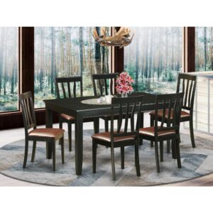 Give your dining area with this specific sophisticated Black finish Asian Hardwood 7 Piece dinette set. This specific set features six relaxing upholstered chairs