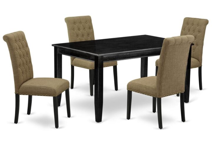 Furnish your dining area with this excellent classy DUBR5-BLK-17 dinette set includes a rectangular dining table and four parson chairs. The traditional style and design of this dinette set corresponds all sorts of dining decor concepts and assures that meals are always filled with joy. The center rectangular table is best for 4-6 people to sit and enjoy their meal. The kitchen table along with straight legs is created from high quality rubber wood known as Asian Hardwood. No heat treated pressured wood like MDF
