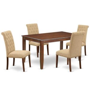 Furnish your dining area with this excellent classy DUBR5-MAH-04 dinette set includes a rectangular dining table and four parson chairs. The traditional style and design of this dinette set corresponds all sorts of dining decor concepts and assures that meals are always filled with joy. The center rectangular table is best for 4-6 people to sit and enjoy their meal. The kitchen table along with straight legs is created from high quality rubber wood known as Asian Hardwood. No heat treated pressured wood like MDF