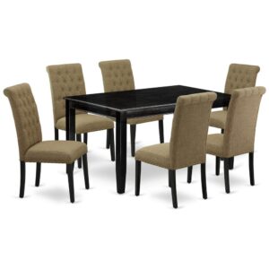 Furnish your dining area with this excellent classy DUBR7-BLK-17 dinette set includes a rectangular dining table and six parson chairs. The traditional style and design of this dinette set corresponds all sorts of dining decor concepts and assures that meals are always filled with joy. The center rectangular table is best for 4-6 people to sit and enjoy their meal. The kitchen table along with straight legs is created from high quality rubber wood known as Asian Hardwood. No heat treated pressured wood like MDF