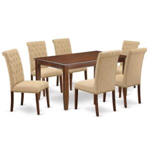 Furnish your dining area with this excellent classy DUBR7-MAH-04 dinette set includes a rectangular dining table and six parson chairs. The traditional style and design of this dinette set corresponds all sorts of dining decor concepts and assures that meals are always filled with joy. The center rectangular table is best for 4-6 people to sit and enjoy their meal. The kitchen table along with straight legs is created from high quality rubber wood known as Asian Hardwood. No heat treated pressured wood like MDF