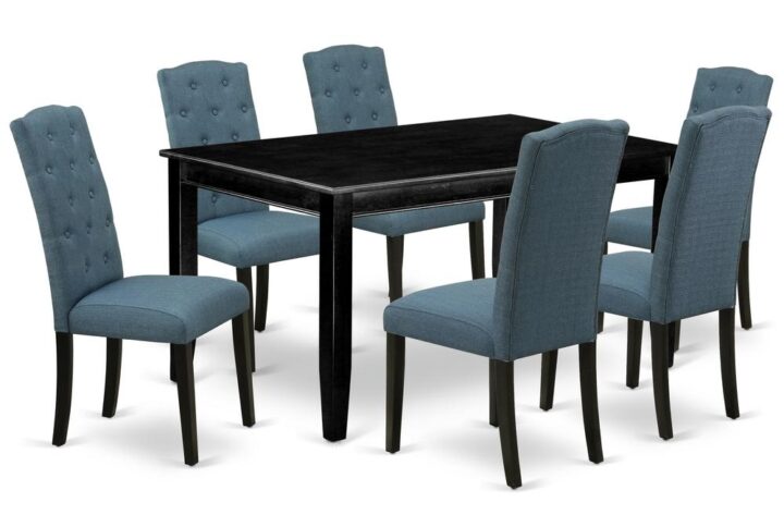 Furnish your dining area with this excellent classy DUCE7-BLK-21 dinette set includes a rectangular dining table and six parson chairs. The traditional style and design of this dinette set corresponds all sorts of dining decor concepts and assures that meals are always filled with joy. The center rectangular table is best for 4-6 people to sit and enjoy their meal. The kitchen table along with straight legs is created from high quality rubber wood known as Asian Hardwood. No heat treated pressured wood like MDF