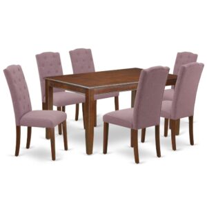 Furnish your dining area with this excellent classy DUCE7-MAH-10 dinette set includes a rectangular dining table and six parson chairs. The traditional style and design of this dinette set corresponds all sorts of dining decor concepts and assures that meals are always filled with joy. The center rectangular table is best for 4-6 people to sit and enjoy their meal. The kitchen table along with straight legs is created from high quality rubber wood known as Asian Hardwood. No heat treated pressured wood like MDF