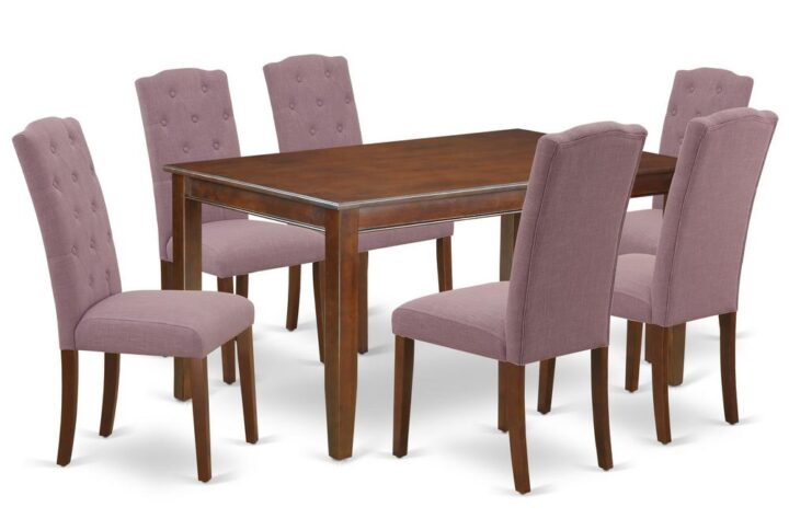 Furnish your dining area with this excellent classy DUCE7-MAH-10 dinette set includes a rectangular dining table and six parson chairs. The traditional style and design of this dinette set corresponds all sorts of dining decor concepts and assures that meals are always filled with joy. The center rectangular table is best for 4-6 people to sit and enjoy their meal. The kitchen table along with straight legs is created from high quality rubber wood known as Asian Hardwood. No heat treated pressured wood like MDF