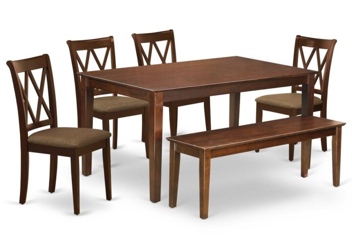 Furnish your dining area with this excellent classy DUCL6-MAH-C dinette set includes a rectangular dining table and four dining chairs. The traditional style and design of this dining set corresponds all sorts of dining decor concepts and assures that meals are always filled with joy. The center rectangular table is best for 4-6 people to sit and enjoy their meal. The kitchen table along with straight legs is created from high quality rubber wood known as Asian Hardwood. No heat treated pressured wood like MDF