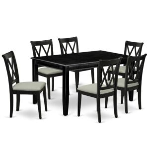 Furnish your dining area with this excellent classy DUCL7-BLK-C dinette set includes a rectangular dining table and six kitchen chairs. The traditional style and design of this dinette set corresponds all sorts of dining decor concepts and assures that meals are always filled with joy. The center rectangular table is best for 4-6 people to sit and enjoy their meal. The kitchen table along with straight legs is created from high quality rubber wood known as Asian Hardwood. No heat treated pressured wood like MDF