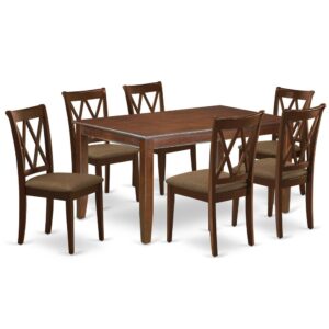 Furnish your dining area with this excellent classy DUCL7-MAH-C dinette set includes a rectangular dining table and six kitchen chairs. The traditional style and design of this dinette set corresponds all sorts of dining decor concepts and assures that meals are always filled with joy. The center rectangular table is best for 4-6 people to sit and enjoy their meal. The kitchen table along with straight legs is created from high quality rubber wood known as Asian Hardwood. No heat treated pressured wood like MDF