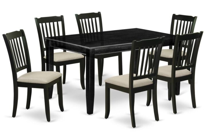 Furnish your dining area with this excellent classy DUDA7-BLK-C dinette set includes a rectangular dining table and six kitchen chairs. The traditional style and design of this dinette set corresponds all sorts of dining decor concepts and assures that meals are always filled with joy. The center rectangular table is best for 4-6 people to sit and enjoy their meal. The kitchen table along with straight legs is created from high quality rubber wood known as Asian Hardwood. No heat treated pressured wood like MDF