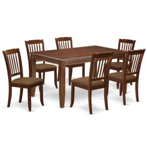 Furnish your dining area with this excellent classy DUDA7-MAH-C dinette set includes a rectangular dining table and six kitchen chairs. The traditional style and design of this dinette set corresponds all sorts of dining decor concepts and assures that meals are always filled with joy. The center rectangular table is best for 4-6 people to sit and enjoy their meal. The kitchen table along with straight legs is created from high quality rubber wood known as Asian Hardwood. No heat treated pressured wood like MDF