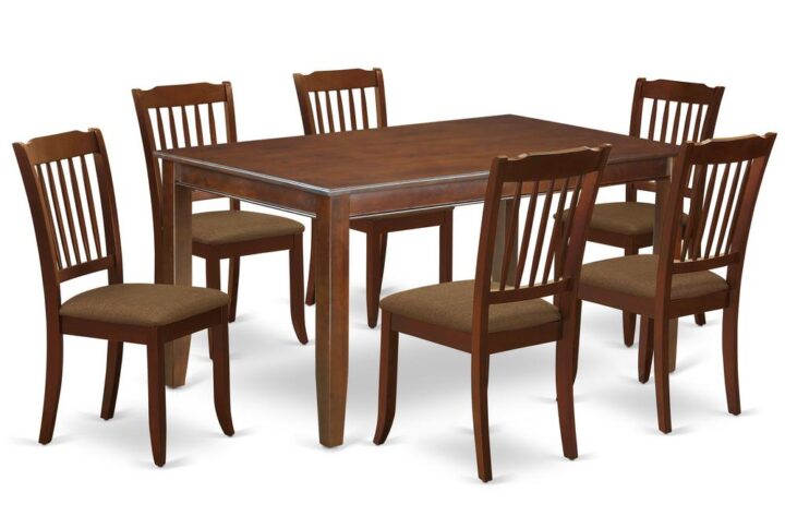 Furnish your dining area with this excellent classy DUDA7-MAH-C dinette set includes a rectangular dining table and six kitchen chairs. The traditional style and design of this dinette set corresponds all sorts of dining decor concepts and assures that meals are always filled with joy. The center rectangular table is best for 4-6 people to sit and enjoy their meal. The kitchen table along with straight legs is created from high quality rubber wood known as Asian Hardwood. No heat treated pressured wood like MDF