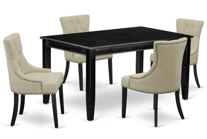 Furnish your dining area with this excellent classy DUFR5-BLK-02 dinette set includes a rectangular dining table and four parson chairs. The traditional style and design of this dinette set corresponds all sorts of dining decor concepts and assures that meals are always filled with joy. The center rectangular table is best for 4-6 people to sit and enjoy their meal. The kitchen table along with straight legs is created from high quality rubber wood known as Asian Hardwood. No heat treated pressured wood like MDF