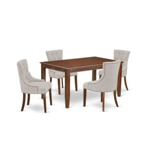 Furnish your dining area with this excellent classy DUFR5-MAH-05 dinette set includes a rectangular dining table and four parson chairs. The traditional style and design of this dinette set corresponds all sorts of dining decor concepts and assures that meals are always filled with joy. The center rectangular table is best for 4-6 people to sit and enjoy their meal. The kitchen table along with straight legs is created from high quality rubber wood known as Asian Hardwood. No heat treated pressured wood like MDF