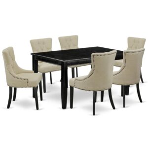 Furnish your dining area with this excellent classy DUFR7-BLK-02 dinette set includes a rectangular dining table and six parson chairs. The traditional style and design of this dinette set corresponds all sorts of dining decor concepts and assures that meals are always filled with joy. The center rectangular table is best for 4-6 people to sit and enjoy their meal. The kitchen table along with straight legs is created from high quality rubber wood known as Asian Hardwood. No heat treated pressured wood like MDF