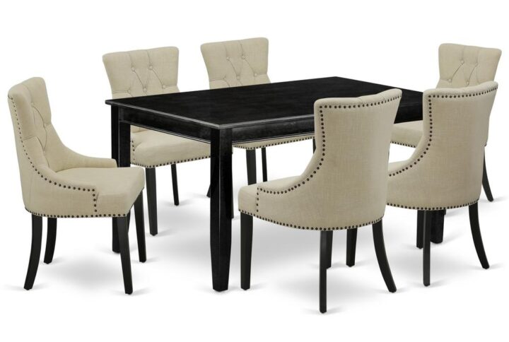 Furnish your dining area with this excellent classy DUFR7-BLK-02 dinette set includes a rectangular dining table and six parson chairs. The traditional style and design of this dinette set corresponds all sorts of dining decor concepts and assures that meals are always filled with joy. The center rectangular table is best for 4-6 people to sit and enjoy their meal. The kitchen table along with straight legs is created from high quality rubber wood known as Asian Hardwood. No heat treated pressured wood like MDF
