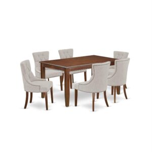 Furnish your dining area with this excellent classy DUFR7-MAH-05 dinette set includes a rectangular dining table and six parson chairs. The traditional style and design of this dinette set corresponds all sorts of dining decor concepts and assures that meals are always filled with joy. The center rectangular table is best for 4-6 people to sit and enjoy their meal. The kitchen table along with straight legs is created from high quality rubber wood known as Asian Hardwood. No heat treated pressured wood like MDF