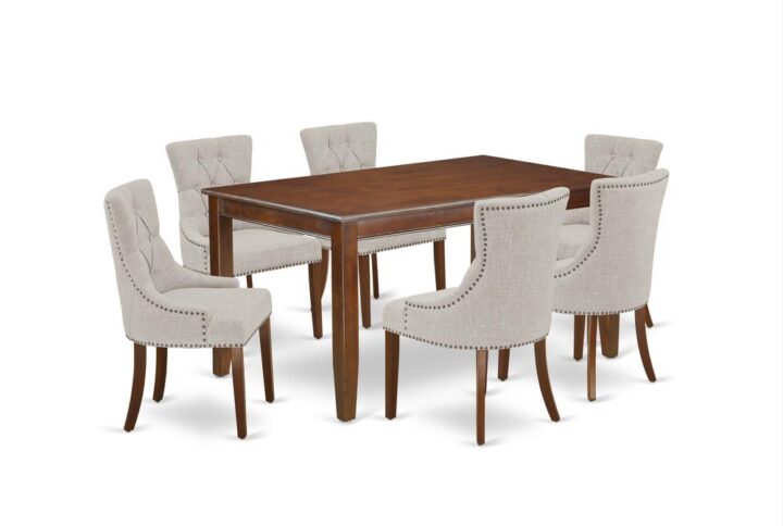 Furnish your dining area with this excellent classy DUFR7-MAH-05 dinette set includes a rectangular dining table and six parson chairs. The traditional style and design of this dinette set corresponds all sorts of dining decor concepts and assures that meals are always filled with joy. The center rectangular table is best for 4-6 people to sit and enjoy their meal. The kitchen table along with straight legs is created from high quality rubber wood known as Asian Hardwood. No heat treated pressured wood like MDF
