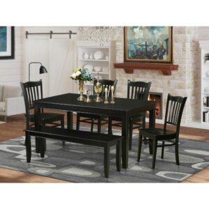 The table includes a set of five seats - 4 chairs with an additional bench-form to make the system complete. The items are made of pure solid rubber wood often called Asian Hardwood