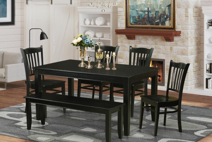 The table includes a set of five seats - 4 chairs with an additional bench-form to make the system complete. The items are made of pure solid rubber wood often called Asian Hardwood