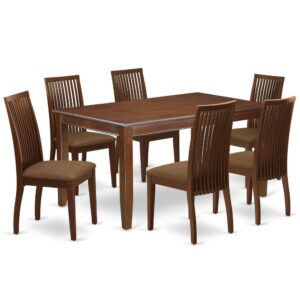 Furnish your dining area with this excellent classy DUIP7-MAH-C dinette set includes a rectangular dining table and six kitchen chairs. The traditional style and design of this dinette set corresponds all sorts of dining decor concepts and assures that meals are always filled with joy. The center rectangular table is best for 4-6 people to sit and enjoy their meal. The kitchen table along with straight legs is created from high quality rubber wood known as Asian Hardwood. No heat treated pressured wood like MDF
