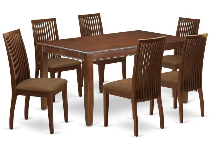 Furnish your dining area with this excellent classy DUIP7-MAH-C dinette set includes a rectangular dining table and six kitchen chairs. The traditional style and design of this dinette set corresponds all sorts of dining decor concepts and assures that meals are always filled with joy. The center rectangular table is best for 4-6 people to sit and enjoy their meal. The kitchen table along with straight legs is created from high quality rubber wood known as Asian Hardwood. No heat treated pressured wood like MDF