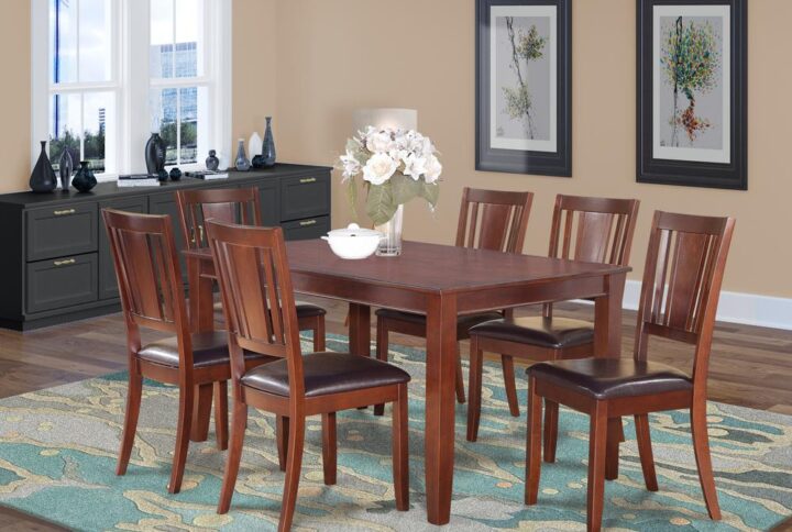 A roomy rectangle-shaped tabletop that has cool design coupled with shaker legs. The fundamentally fashioned piece features a smooth rectangular shaped dining room table above sleek square tapered legs. Small dining table sets are designed of sheer Asian timber for sturdiness plus incredible stability. The rectangle-shaped dinette delivers an impression of luxury and therefore old-fashioned style which has a trendy pizzazz. This Small kitchen table set features a fresh Mahogany Color in faux leather chairs seats to match personal taste and desired design and style. The base of the dining chairs permits you to position your legs in a much relaxed position so that you can unwind and relax effortlessly.