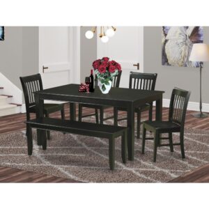 This 6-piece dining set offers one dining table plus 4 chairs along with a bench. The dinette set offers a maximum seat capacity of 7